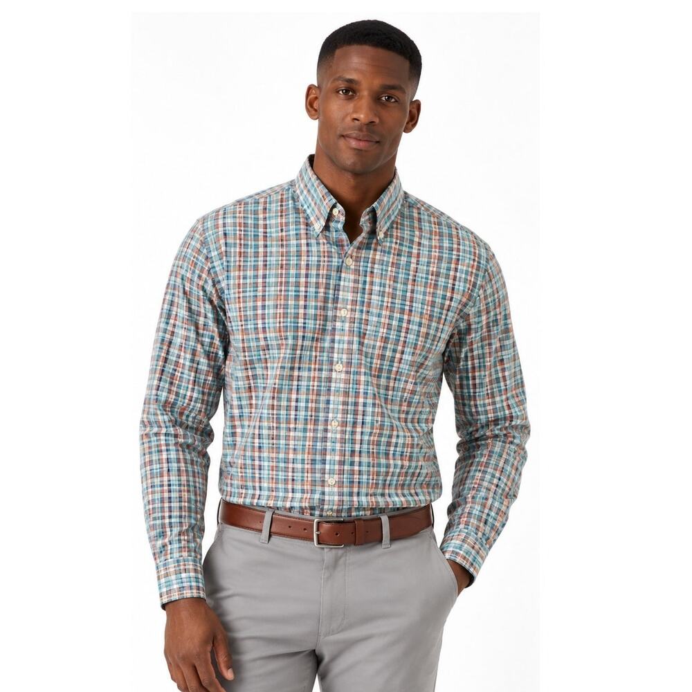 Club Room Men’s Small Slim Fit Plaid Button Down Shirt Green Orange Stretch